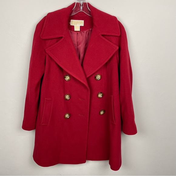 Michael Kors Red Double Breasted Lambwool Pea Coat With Front Pockets Size 4P - Picture 9 of 11